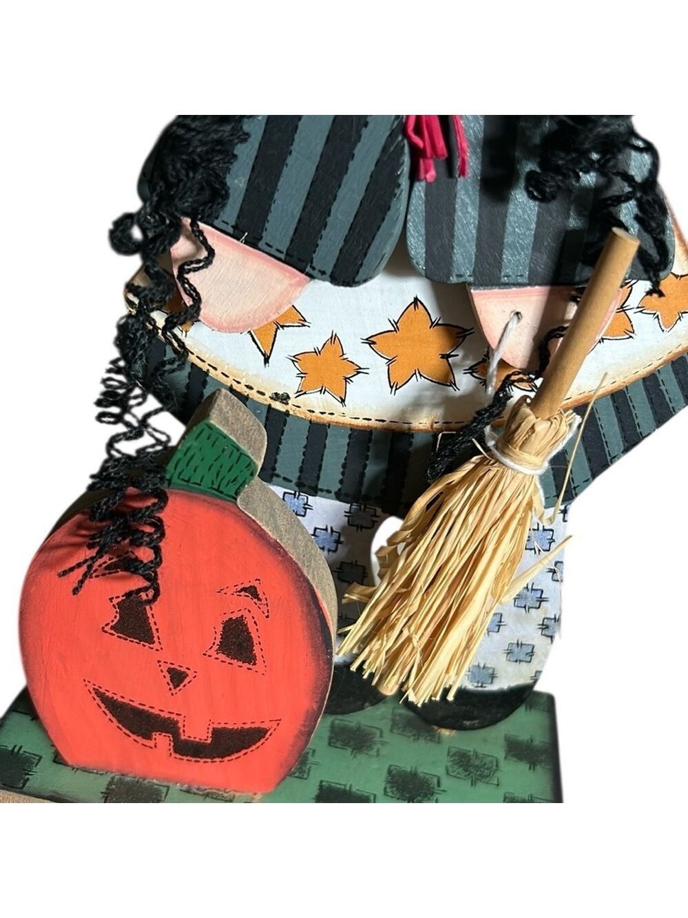 Wooden Halloween Good Witch Figurine with Curly Black Hair and Broom 11” - Picture 8 of 9